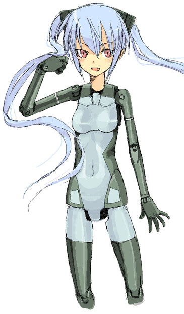 satou atsuki, strarf, busou shinki, silver hair, 10s, 1girl, brown eyes, covered navel, cropped legs, doll joints, female focus, joints, looking at viewer, mecha musume, simple background, skin tight, solo, standing, twintails, white background