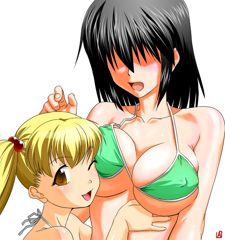 aflo aikawa, enoki inaho, mikura asagao, saikachi (manga), 2girls, bikini, blonde hair, breast press, breasts, covered erect nipples, hair bobbles, hair ornament, large breasts, multiple girls, one eye closed, open mouth, swimsuit, yuri
