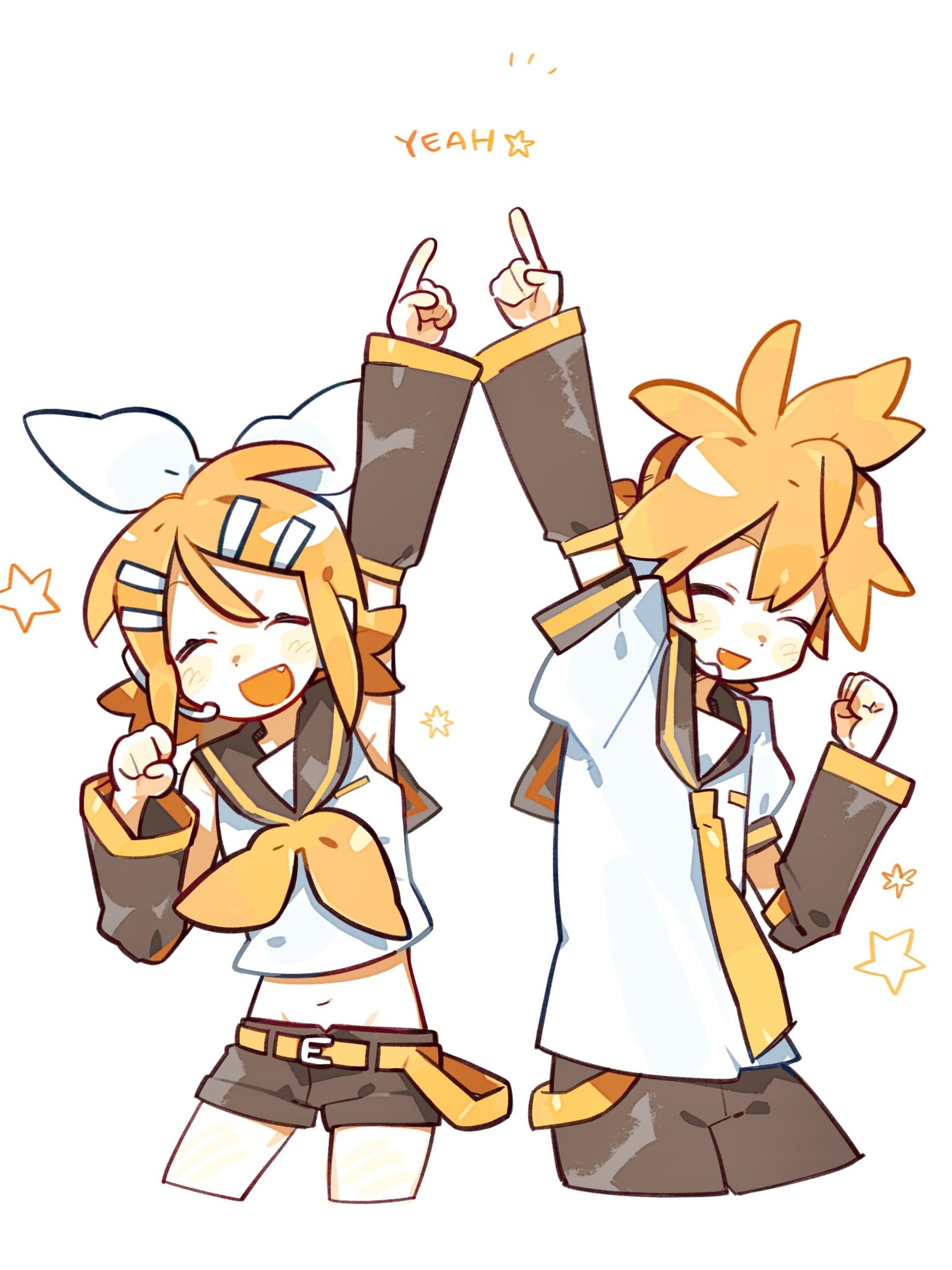 momo19715684, kagamine len, kagamine rin, vocaloid, commentary, highres, symbol-only commentary, 1boy, 1girl, :d, ^ ^, arm up, belt, black sailor collar, black shorts, black sleeves, blonde hair, bow, clenched hand, closed eyes, detached sleeves, english text, fang, gold trim, groin, hair bow, hair ornament, hairclip, hand up, index finger raised, neckerchief, necktie, open mouth, sailor collar, sailor shirt, shirt, short hair, short shorts, shorts, sleeveless, sleeveless shirt, smile, star (symbol), white bow, white shirt, yellow belt, yellow neckerchief, yellow necktie