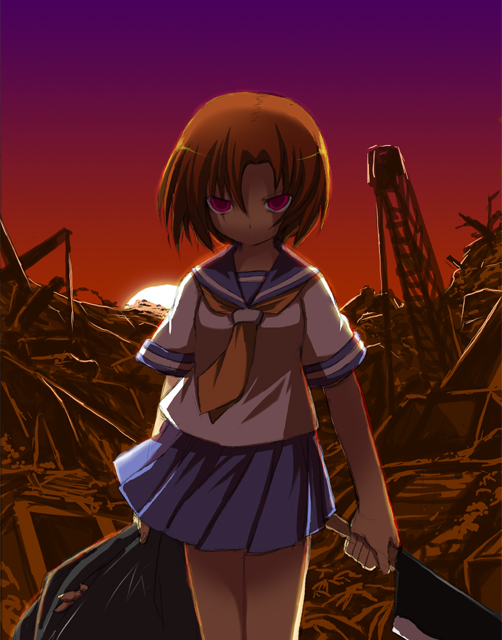 shiratama dango, ryuuguu rena, higurashi no naku koro ni, 00s, 1girl, billhook, brown hair, crazy eyes, female focus, hatchet, junkyard, nata (tool), purple eyes, rubble, school uniform, serafuku, solo, sunset