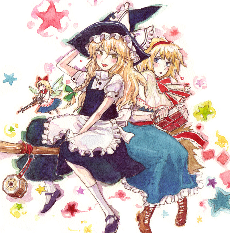 chihiro (kemonomichi), alice margatroid, hourai doll, kirisame marisa, touhou, painting (medium), traditional media, watercolor (medium), 2girls, blonde hair, blue eyes, book, braid, broom, broom riding, female focus, grimoire, grimoire of alice, gun, hair ribbon, hairband, hand on headwear, hat, mini-hakkero, multiple girls, multiple riders, ribbon, short hair, sidesaddle, star (symbol), weapon, witch, witch hat, yellow eyes
