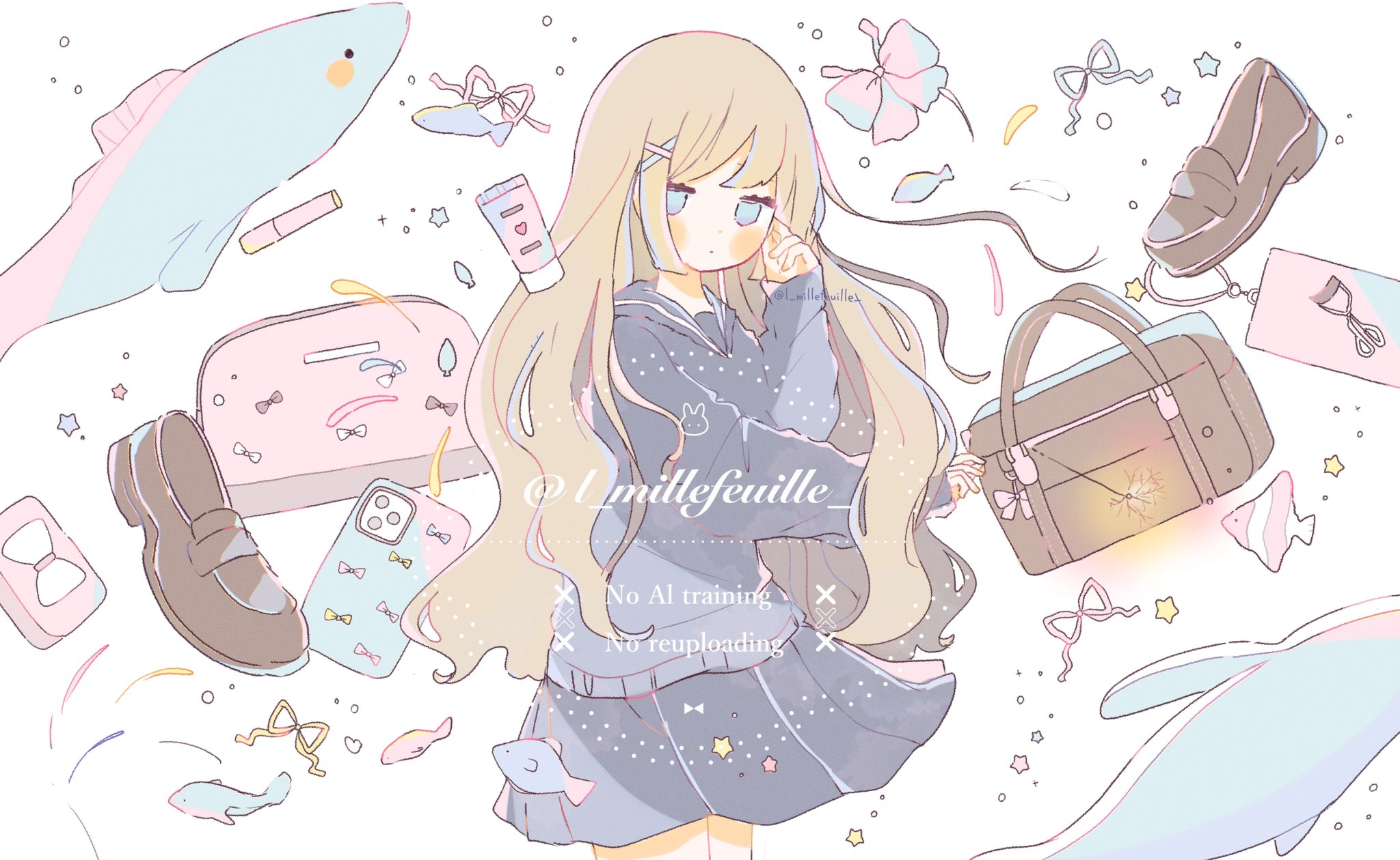 original, highres, 1girl, bag, black sailor collar, black skirt, blue eyes, blue sailor collar, blush, bow, cellphone, closed mouth, cosmetics, cowboy shot, dot mouth, expressionless, fish, flip phone, hair ornament, l millefeuille, long hair, long sleeves, looking at viewer, phone, pink bow, pink ribbon, pleated skirt, ribbon, sailor collar, school uniform, serafuku, skirt, sleeves past wrists, solo, star (symbol), sweater, watermark, white background, x hair ornament