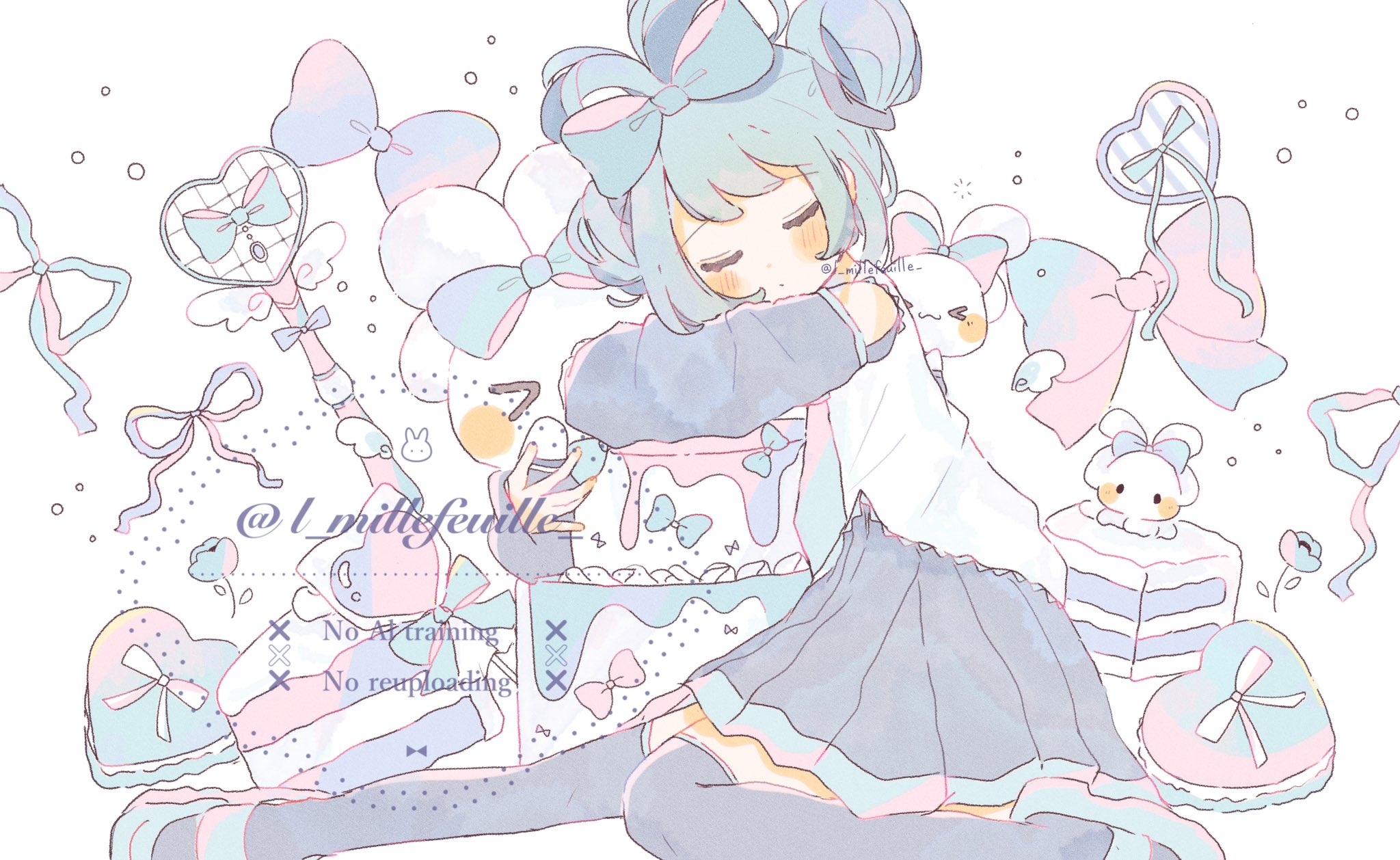 hatsune miku, original, highres, > <, 1girl, :3, aqua hair, blue bow, blue hair, blush, blush stickers, boots, bow, cake, closed eyes, closed mouth, detached sleeves, ear bow, food, hair bow, l millefeuille, microphone, necktie, pink bow, pleated skirt, shirt, sitting, skirt, sleeping, sleeveless, sleeveless shirt, solo, thigh boots, thighhighs, updo, white background, white shirt