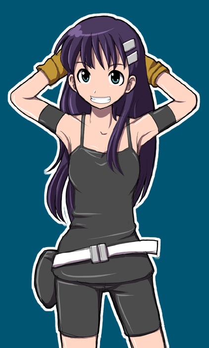 enokids, kiyal bachika, tengen toppa gurren lagann, 00s, 1girl, armband, armpits, arms behind head, bare shoulders, bike shorts, blue background, blue eyes, female focus, gloves, grin, hair ornament, long hair, purple hair, shorts, simple background, smile, solo