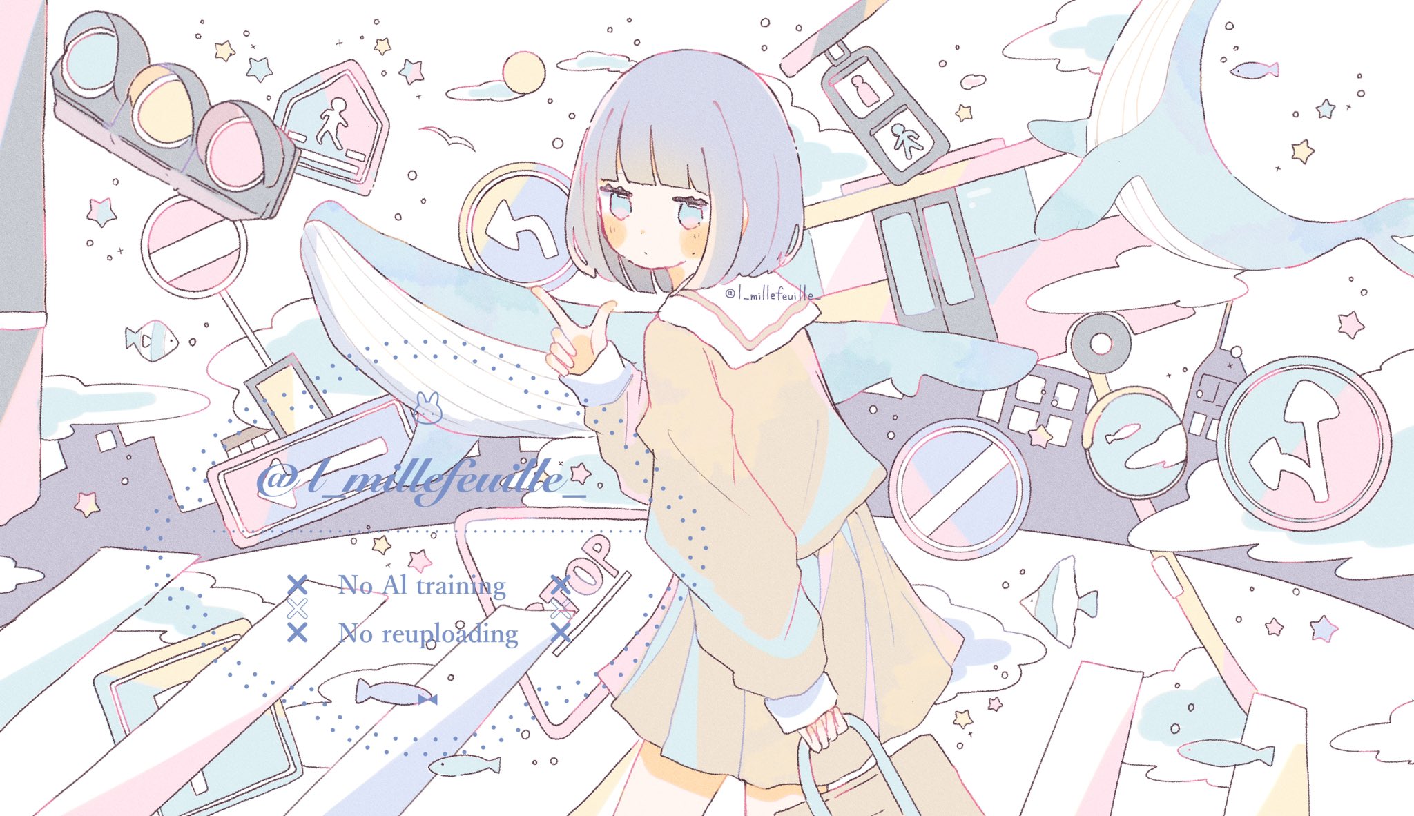 original, highres, 1girl, bag, blue eyes, blunt bangs, blush, bob cut, brown shirt, brown skirt, cloud, cowboy shot, english text, fish, holding, l millefeuille, long sleeves, looking at viewer, moon, pleated skirt, sailor collar, school uniform, shirt, short hair, sign, skirt, solo, star (symbol), traffic light, twitter username, whale
