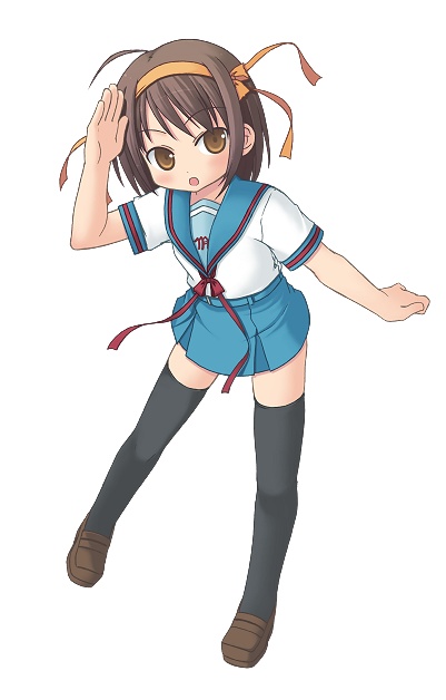 amamiya minato, suzumiya haruhi, suzumiya haruhi no yuuutsu, 00s, brown hair, salute, school uniform, serafuku, short hair, solo, thighhighs, zettai ryouiki