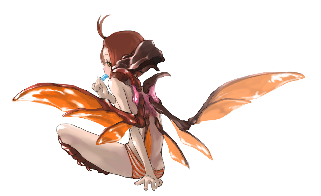 z-ton, 1girl, arthropod girl, bug, fantasy, female focus, food, monster girl, panties, popsicle, solo, striped clothes, striped panties, topless female, underwear, wings