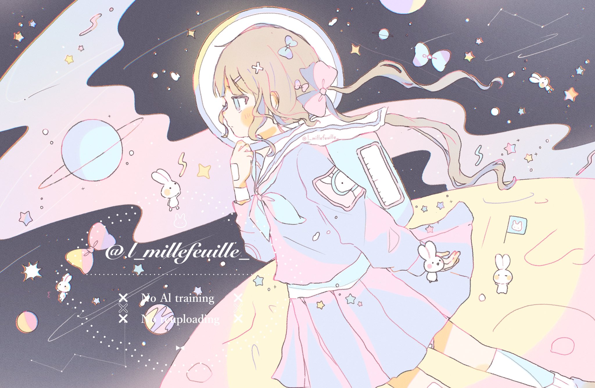 original, highres, 1girl, backpack, bag, bandaid, bandaid on leg, blue bag, blue bow, blue eyes, blush stickers, bow, english text, from side, hair bow, hair ornament, helmet, l millefeuille, long hair, long sleeves, neckerchief, pastel colors, pink bow, pink skirt, planet, pleated skirt, purple skirt, rabbit, sailor collar, school uniform, serafuku, shirt, skirt, solo, space, space helmet, star (symbol), twintails, white sailor collar