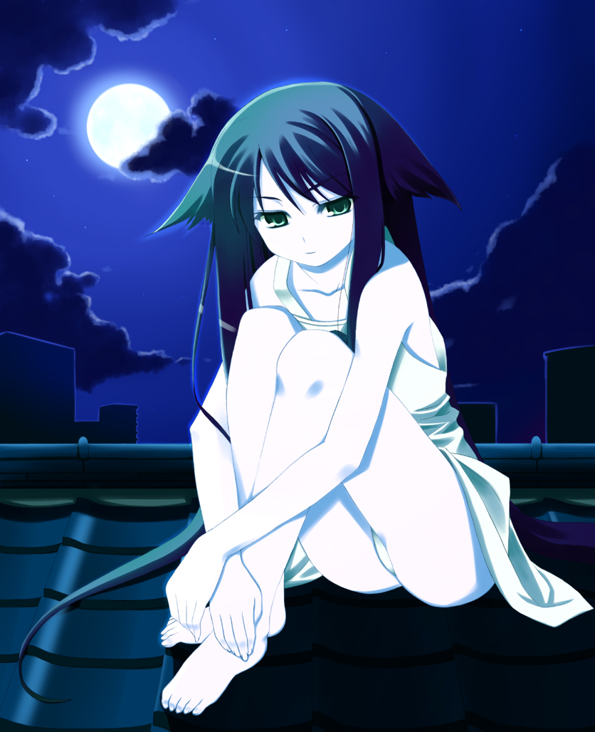 futari no ana, hatuka, saya (saya no uta), saya no uta, barefoot, hugging own legs, moon, night, night sky, panties, sky, solo, underwear