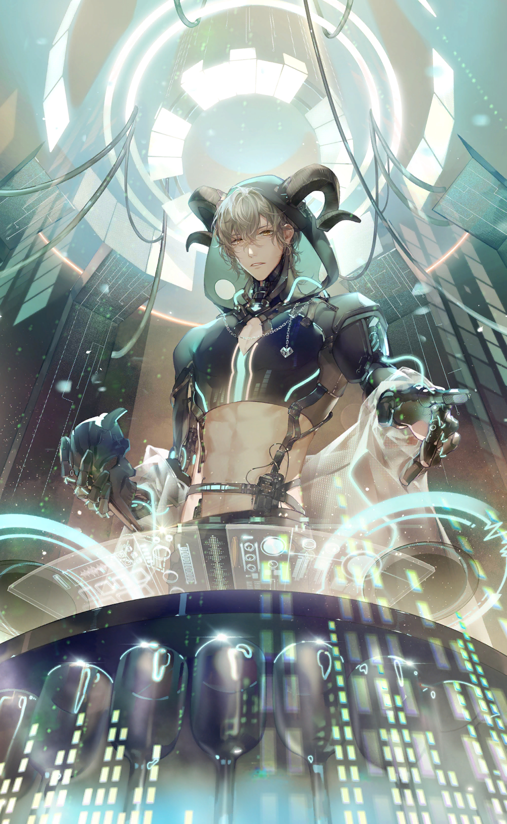 nikki (series), shining nikki, artist request, game cg, highres, official art, 1boy, abs, belt, black belt, black shirt, brown hair, cable, caprico (shining nikki), chain, cleavage cutout, clothing cutout, cowboy shot, crop top, cup, dj, drinking glass, from behind, grey belt, hair between eyes, heart (organ), holding heart (organ), holographic monitor, jacket, jacket partially removed, male focus, mechanical arms, multiple belts, parted lips, pectoral cleavage, pectorals, shirt, short hair, sleeveless, sleeveless shirt, solo, standing, toned, toned male, turtleneck, turtleneck shirt, walkie-talkie, white jacket, wine glass, yellow eyes