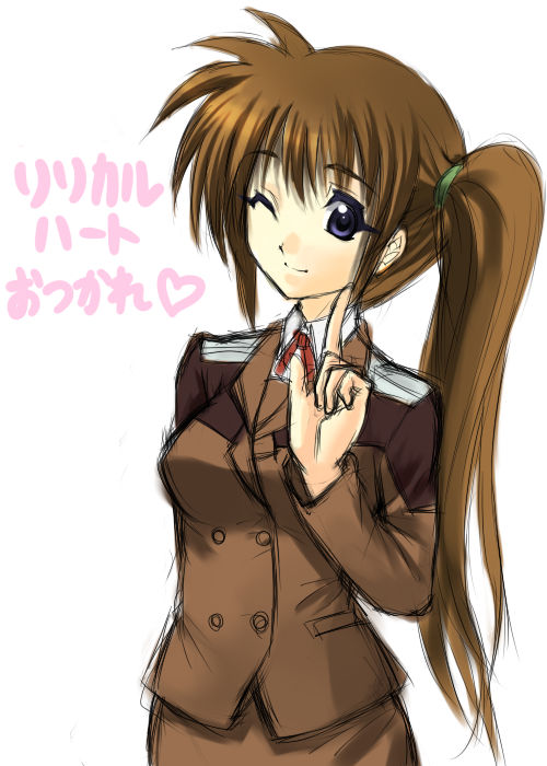 kitiroku, takamachi nanoha, lyrical nanoha, mahou shoujo lyrical nanoha, mahou shoujo lyrical nanoha strikers, 00s, 1girl, blue eyes, brown hair, female focus, heart, index finger raised, military, military uniform, one eye closed, purple eyes, red hair, side ponytail, simple background, solo, white background
