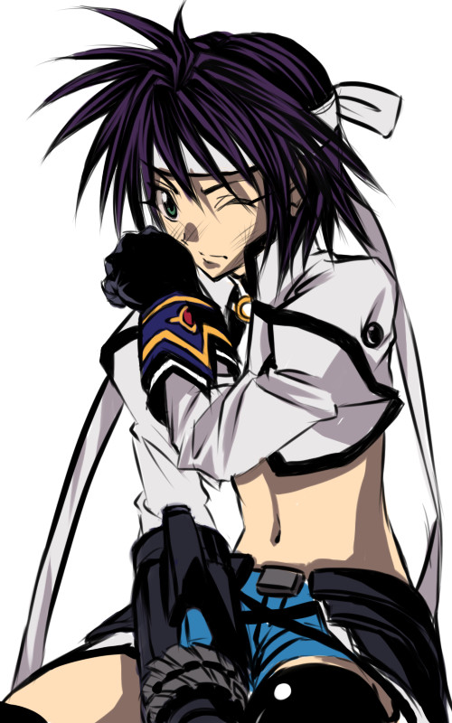 kitiroku, revolver knuckle, subaru nakajima, lyrical nanoha, mahou shoujo lyrical nanoha, mahou shoujo lyrical nanoha strikers, 00s, 1girl, blue hair, female focus, fingerless gloves, gauntlets, gloves, headband, magical girl, midriff, one eye closed, single fingerless glove, single gauntlet, solo, waist cape