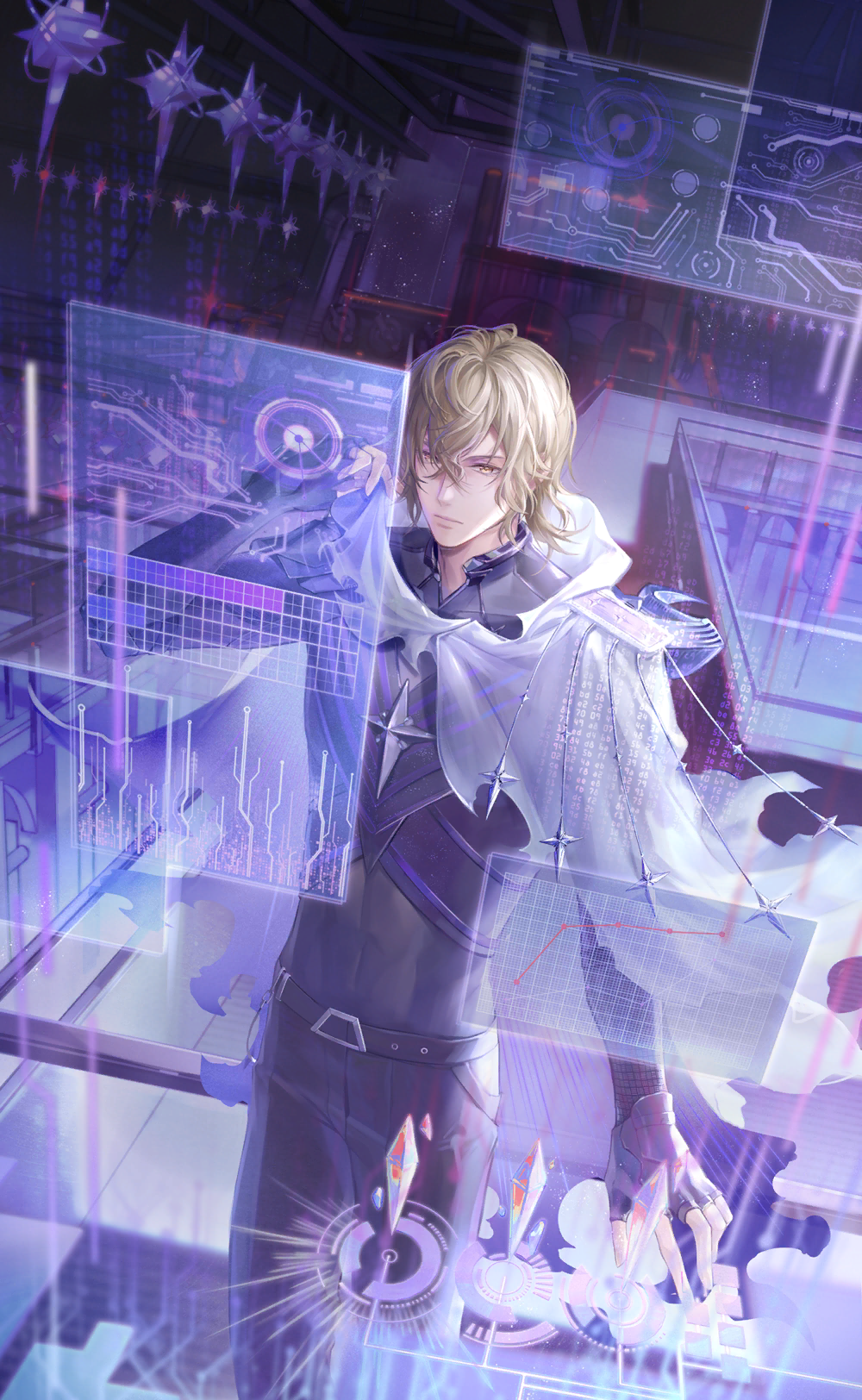nikki (series), shining nikki, artist request, game cg, highres, official art, 1boy, abs, adjusting hood, belt, belt buckle, black belt, black gloves, black pants, black shirt, blonde hair, blue hood, buckle, caprico (shining nikki), chest belt, cloak, closed mouth, covered abs, covered navel, crossed belts, denim, dutch angle, earrings, expressionless, feet out of frame, fingerless gloves, floating cape, glass table, gloves, goat horns, hair between eyes, holographic monitor, hood, hood down, hooded cloak, horned hood, horns, indoors, jeans, jewelry, laboratory, lips, looking at object, male focus, messy hair, multiple belts, pants, science fiction, shirt, short hair, solo, standing, stud earrings, table, tight clothes, tight shirt, torn cloak, torn clothes, typing, white cloak, yellow eyes