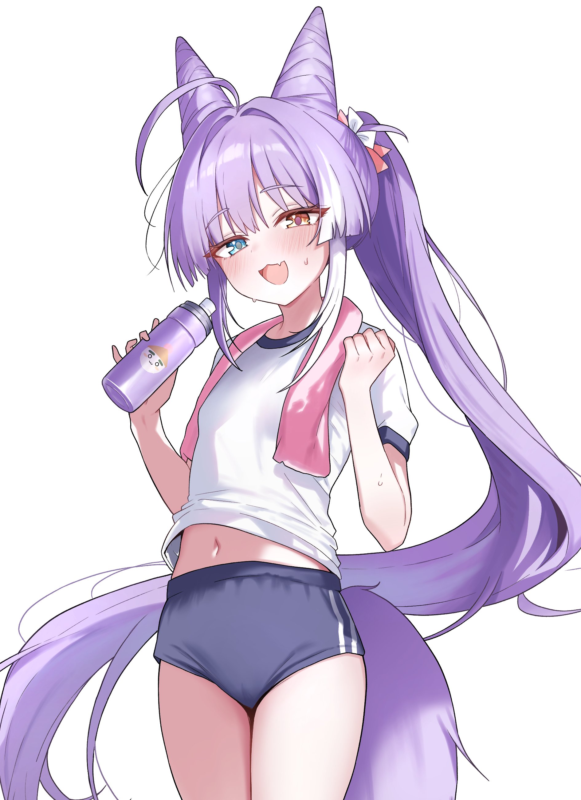 saho 4545, tenko shibuki, stellive, absurdres, commentary request, highres, korean commentary, 1girl, :3, ahoge, blue buruma, blue eyes, bottle, bow, buruma, cone hair bun, cowboy shot, fang, fox tail, gym uniform, hair bow, hair bun, hands up, heterochromia, holding, holding bottle, long hair, looking at viewer, midriff, navel, open mouth, ponytail, purple hair, shirt, short sleeves, simple background, smile, solo, sweat, tail, towel, towel around neck, very long hair, virtual youtuber, white background, white shirt, yellow eyes