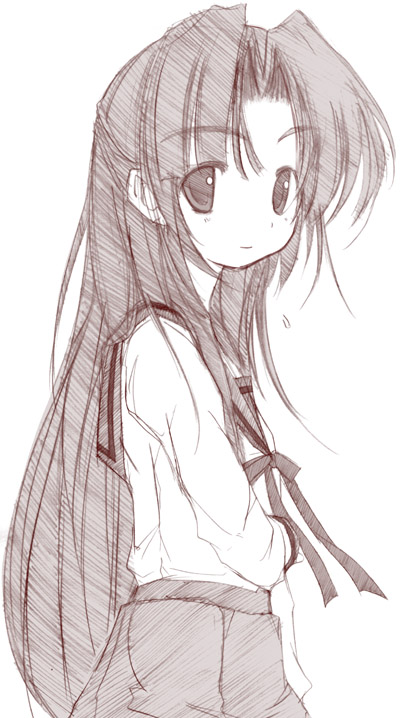 yumesato makura, asakura ryoko, suzumiya haruhi no yuuutsu, 00s, 1girl, :o, cowboy shot, female focus, looking at viewer, monochrome, parted bangs, parted lips, pleated skirt, ribbon, sailor collar, school uniform, serafuku, simple background, skirt, solo, white background