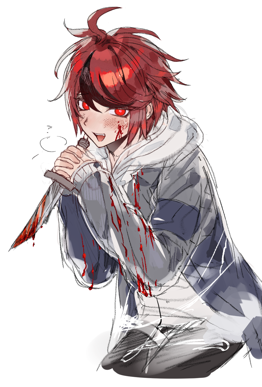 sumino takumi, the hundred line -last defense academy-, chinese commentary, commentary request, highres, spoilers, 1boy, ?, ahoge, black hair, black pants, blood, blood on clothes, blood on face, bloody weapon, blue jacket, blush, cropped legs, drawstring, grey jacket, hair between eyes, holding, holding knife, hood, hood down, hoodie, jacket, jacket over hoodie, knife, long sleeves, male focus, multicolored hair, multicolored jacket, official alternate eye color, open clothes, open jacket, open mouth, pants, red eyes, red hair, short hair, simple background, sleeves past wrists, smile, solo, streaked hair, sweat, syuu 1125, teeth, thigh strap, tsurime, two-tone hair, two-tone jacket, upper teeth only, weapon, white background, white hoodie