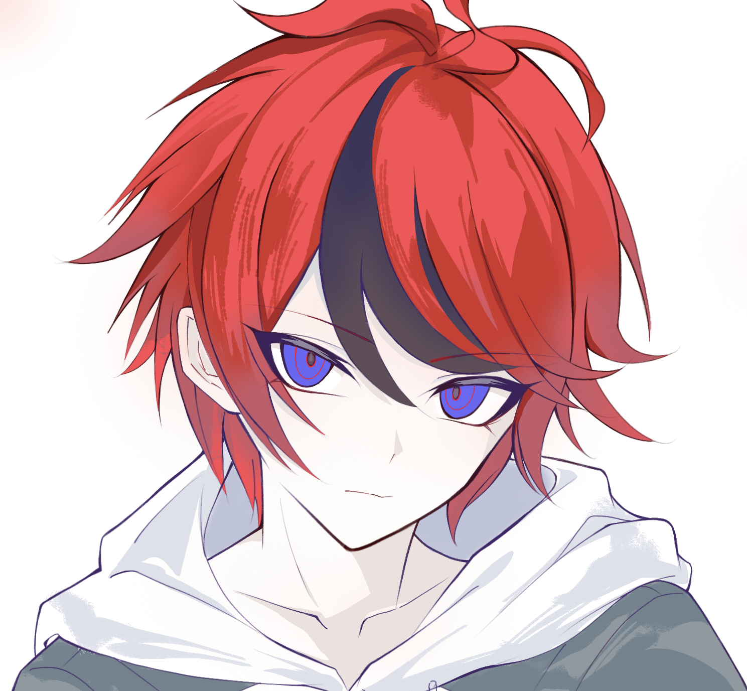 sumino takumi, the hundred line -last defense academy-, chinese commentary, commentary request, highres, 1boy, black hair, blue eyes, closed mouth, collarbone, drawstring, grey jacket, hair between eyes, hood, hood down, hoodie, jacket, jacket over hoodie, kajiazusaleiji, male focus, multicolored hair, open clothes, open jacket, pale skin, portrait, red hair, short hair, simple background, solo, streaked hair, tsurime, two-tone hair, white background, white hoodie