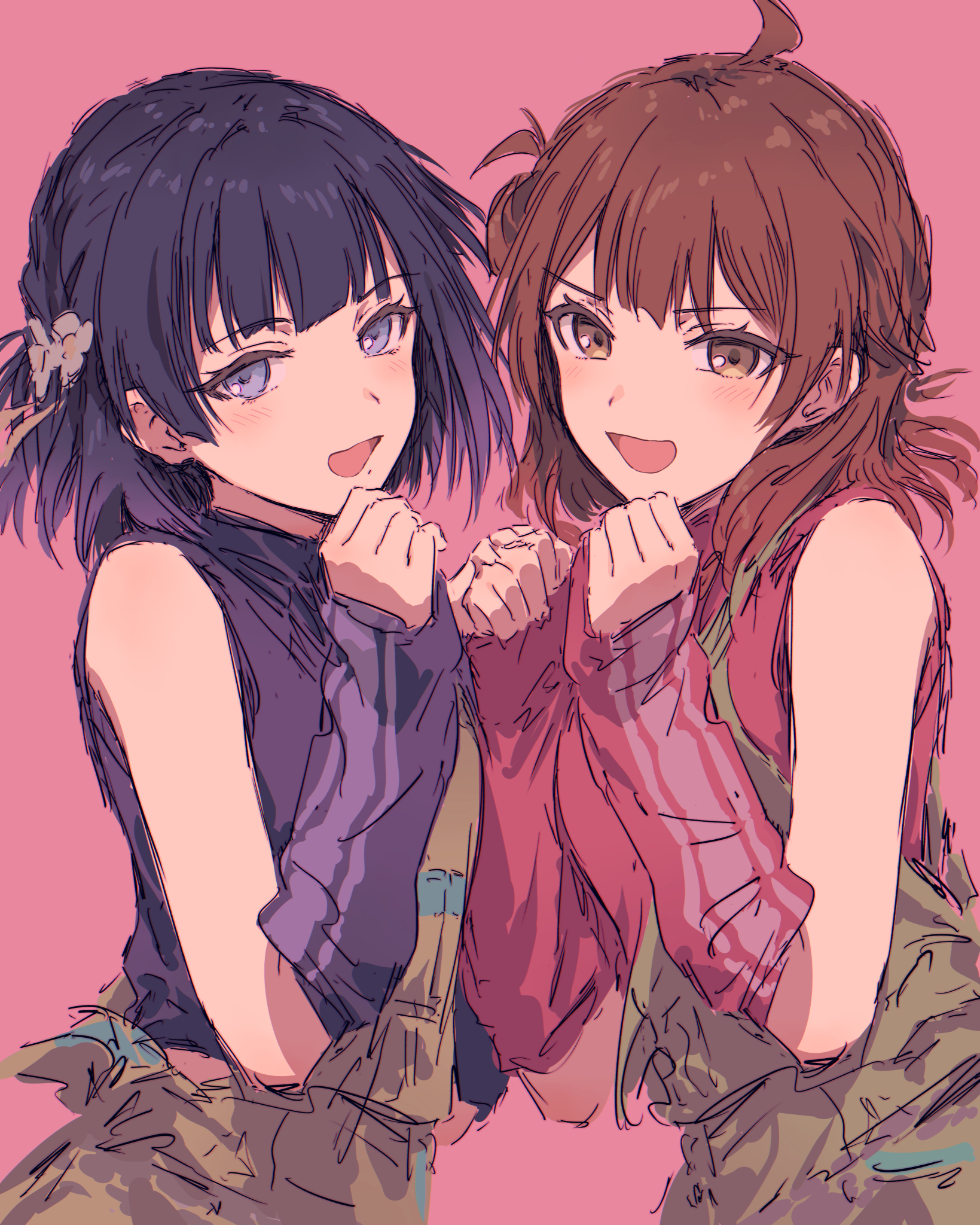 bullfalk, hanami ume, hataya misuzu, gakuen idolmaster, idolmaster, highres, 2girls, blue eyes, blue hair, blush, brown eyes, brown hair, leg warmers, looking at viewer, medium hair, multiple girls, open mouth, pink background, purple leg warmers, purple shirt, red arm warmers, red shirt, shirt, short hair, simple background, sleeveless, sleeveless shirt