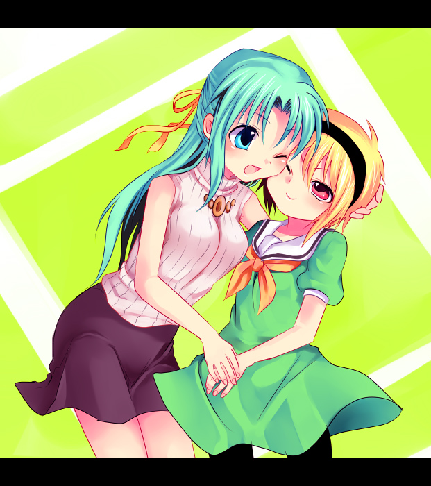 subaru (yachika), houjou satoko, sonozaki shion, higurashi no naku koro ni, black legwear, 00s, 2girls, ;), ;o, aqua hair, bare shoulders, blonde hair, blue eyes, blush, dress, green background, green dress, half updo, letterboxed, multiple girls, one eye closed, open mouth, pantyhose, pink eyes, puffy short sleeves, puffy sleeves, sailor collar, sailor dress, short hair, short sleeves, simple background, smile, standing, sweater vest, wince