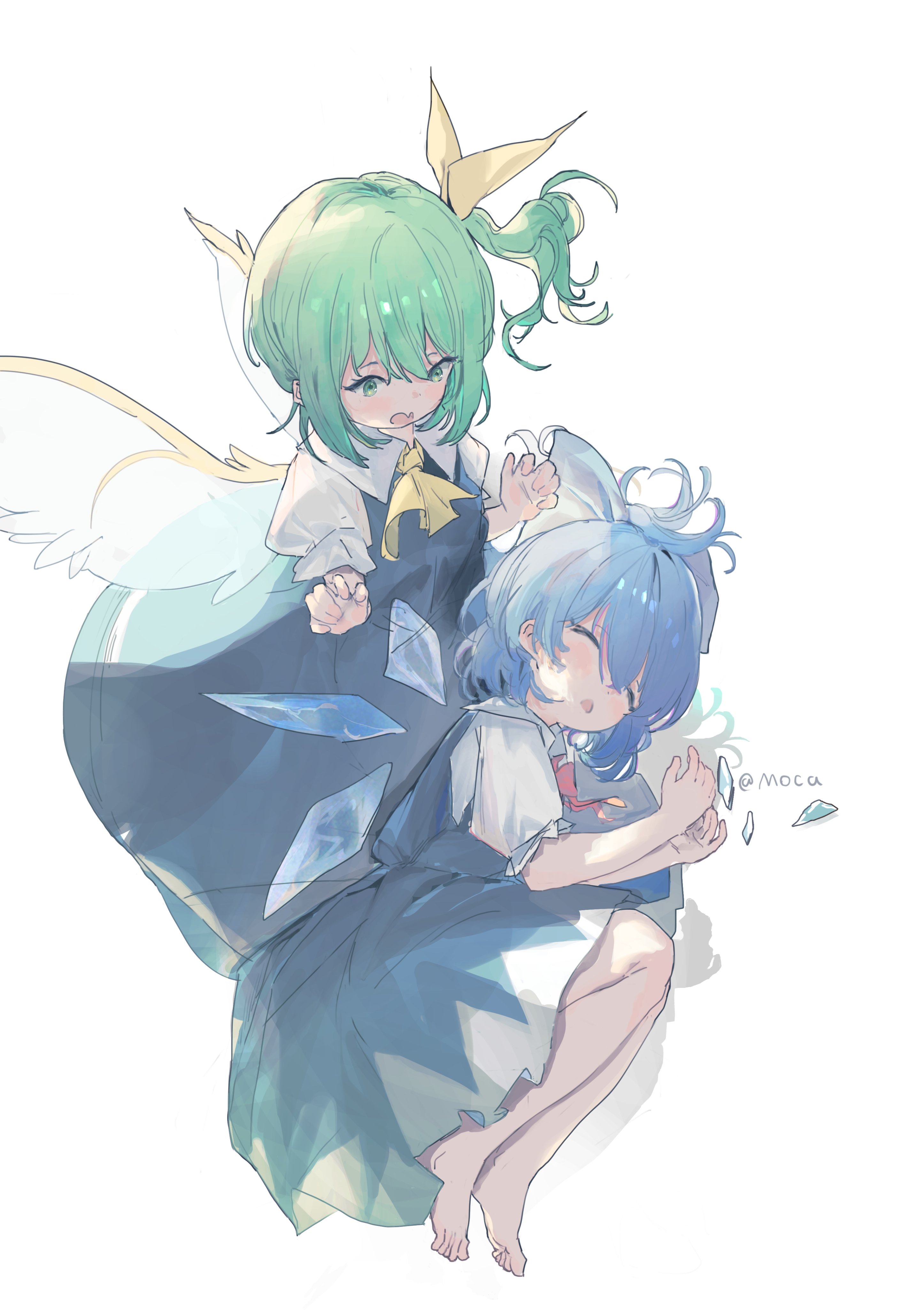 moca 3139, cirno, daiyousei, touhou, absurdres, highres, 2girls, ascot, blue bow, blue dress, blue hair, bow, closed eyes, collared shirt, detached wings, dress, fairy, fairy wings, green eyes, green hair, hair between eyes, hair bow, ice, ice wings, multiple girls, open mouth, puffy short sleeves, puffy sleeves, shirt, short hair, short sleeves, side ponytail, simple background, sleeping, twitter username, white background, white shirt, wings, yellow ascot