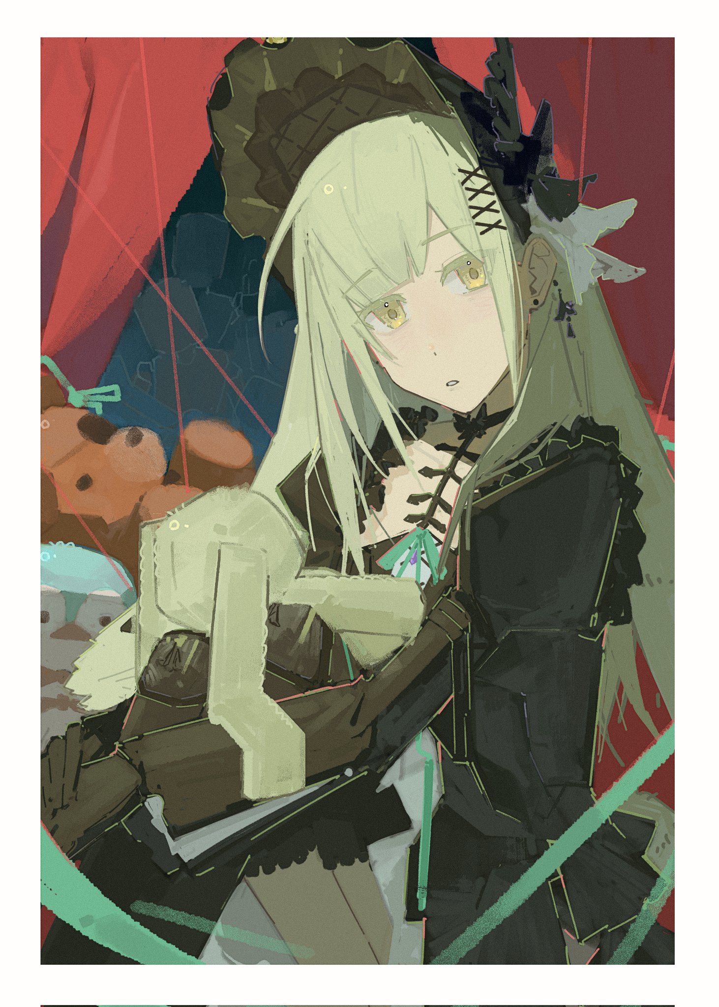 toumeiii, wakaba mutsumi, arknights, bang dream!, bang dream! it's mygo!!!!!, commentary, highres, symbol-only commentary, 1girl, black bonnet, black dress, bonnet, border, dress, earrings, green hair, jewelry, long hair, open mouth, puppet strings, sidelocks, solo, stuffed animal, stuffed rabbit, stuffed toy, wakaba mutsumi (marionette's id), white border, yellow eyes