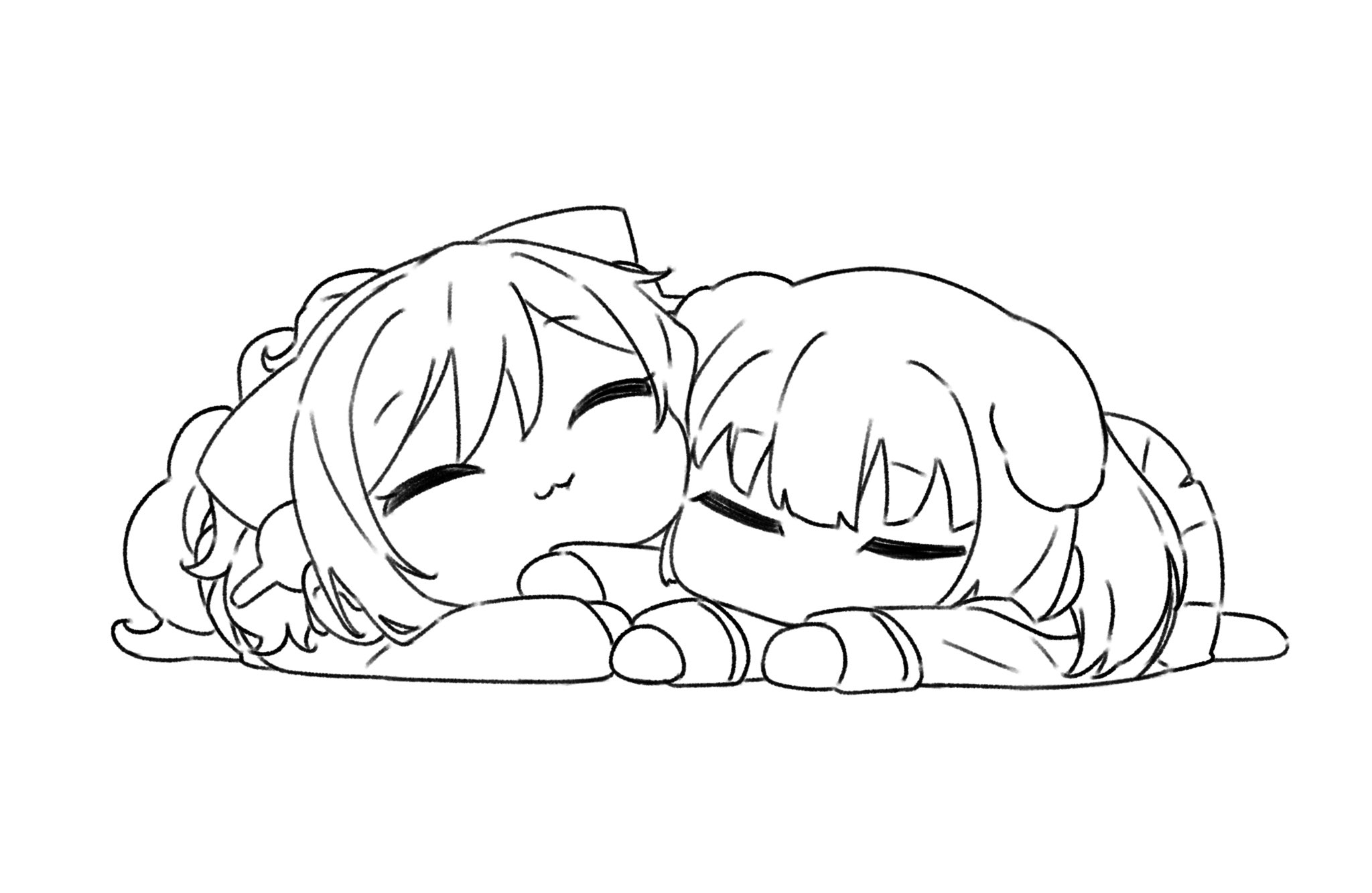 kanade (kanade 3344), imai lisa, shirokane rinko, bang dream!, commentary request, highres, 2girls, :3, animal ears, cat ears, cat girl, chibi, chibi only, closed eyes, greyscale, lineart, monochrome, multiple girls, simple background, sleeping, white background
