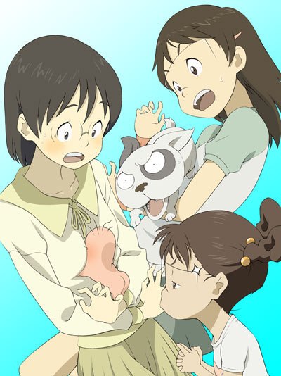 ikk, densuke (dennou coil), hashimoto fumie, okonogi kyouko, okonogi yuuko, oyaji (dennou coil), dennou coil, 00s, 3girls, between breasts, breasts, glasses, molestation, multiple girls, raglan sleeves