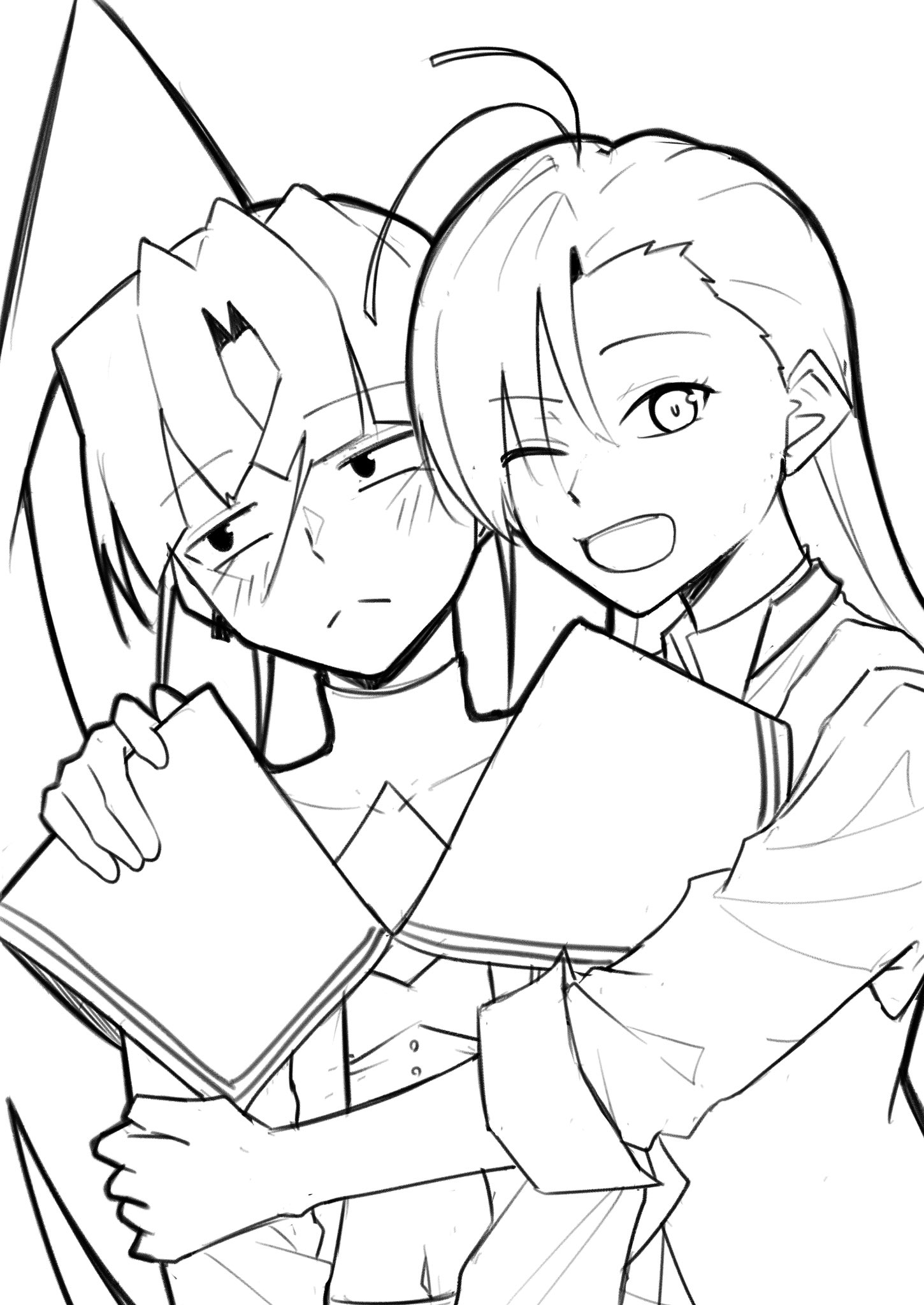 nori (norinori yrl), merry (ado), naima (ado), ado (utaite), readymade (ado), usseewa, commentary request, highres, 2girls, ahoge, blush, closed mouth, greyscale, lineart, long hair, monochrome, multiple girls, one eye closed, open mouth, ponytail, simple background, teeth, three-quarter sleeves, upper teeth only, white background, yuri