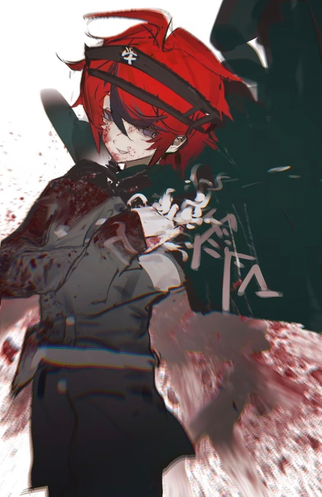 sumino takumi, the hundred line -last defense academy-, highres, 1boy, ahoge, armband, belt, black cape, black hair, black jacket, black pants, blood, blood on clothes, blood on face, blood splatter, buttons, cape, chromatic aberration, cowboy shot, gloves, grey belt, grey eyes, hair between eyes, jacket, last defense academy school uniform, long sleeves, male focus, multicolored hair, pants, r4inbow, red hair, school uniform, short hair, solo, streaked hair, two-tone hair, white armband, white gloves