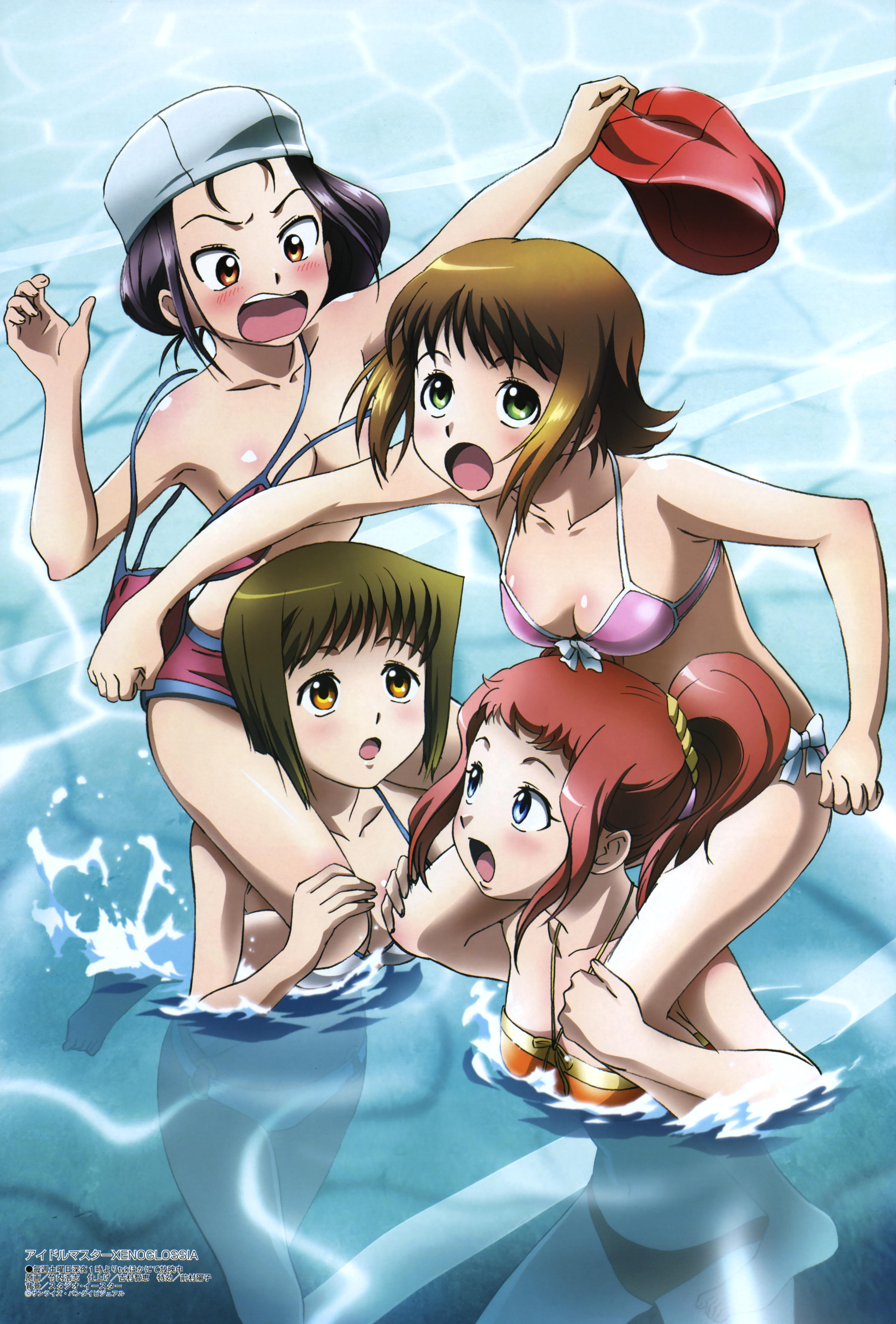 takeuchi hiroshi, amami haruka, hagiwara yukiho, minase iori, takatsuki yayoi, idolmaster, idolmaster xenoglossia, megami magazine, absurdres, highres, non-web source, official art, scan, >:o, 00s, 4girls, :o, angry, armpits, arms up, assisted exposure, barefoot, bikini, bikini shorts, black hair, blue eyes, blush, bob cut, body blush, bow, bow bikini, breasts, brown hair, carrying, censored, cleavage, clothes theft, convenient censoring, embarrassed, green eyes, green hair, hair up, halterneck, hands on own knees, holding, lane line, leaning forward, looking down, looking up, multiple girls, o-ring, o-ring bikini, o-ring bottom, open mouth, orange bikini, orange eyes, outstretched arm, pink bikini, pool, red eyes, red hair, scrunchie, short hair, short shorts, short twintails, shorts, shoulder carry, sidelocks, small breasts, soaking feet, splashing, standing, straddling, surprised, swim cap, swimsuit, theft, topless female, twintails, unworn bikini top, unworn headwear, v-shaped eyebrows, wading, wardrobe malfunction, water, wavy mouth, white bikini