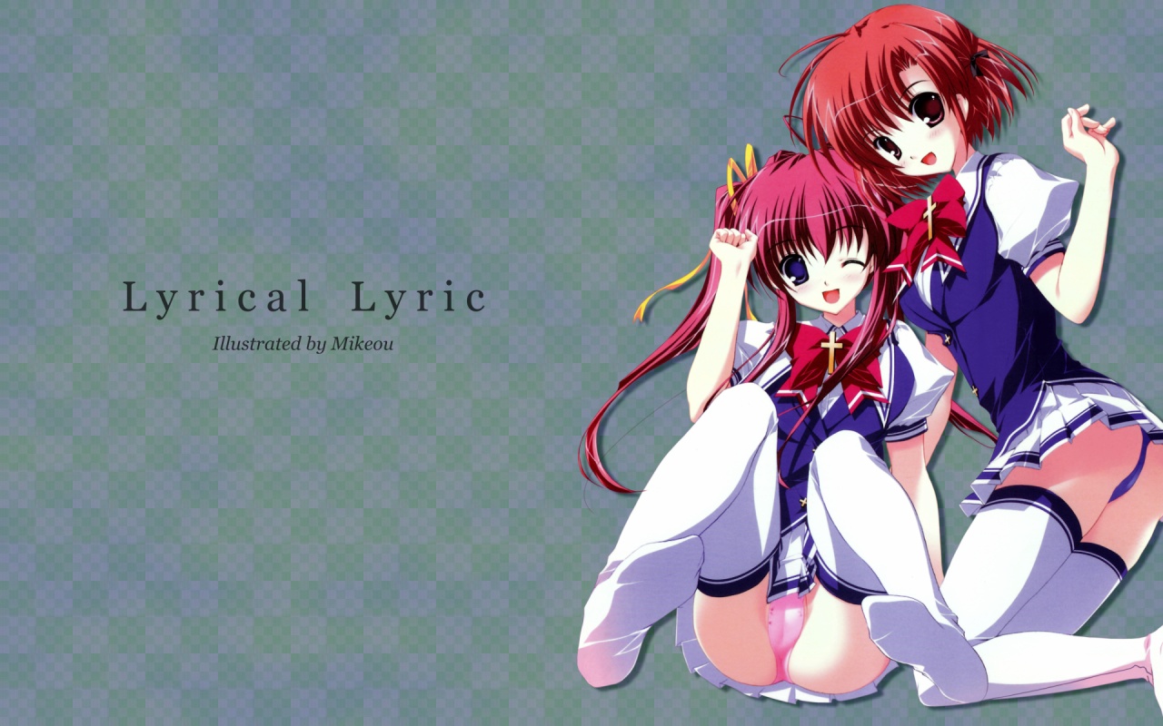 mikeou, lyrical lyric, 2girls, blue panties, multiple girls, panties, pink panties, red hair, school uniform, serafuku, thighhighs, underwear