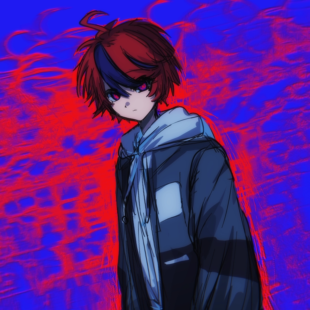 sumino takumi, the hundred line -last defense academy-, chinese commentary, commentary request, 1boy, ahoge, black jacket, blue eyes, blue hair, closed mouth, drawstring, dutch angle, expressionless, grey jacket, hair between eyes, hood, hood down, hoodie, jacket, jacket over hoodie, long sleeves, male focus, multicolored hair, multicolored jacket, open clothes, open jacket, red hair, short hair, solo, streaked hair, two-tone background, two-tone hair, two-tone jacket, upper body, white hoodie, yitongyanjiang75058