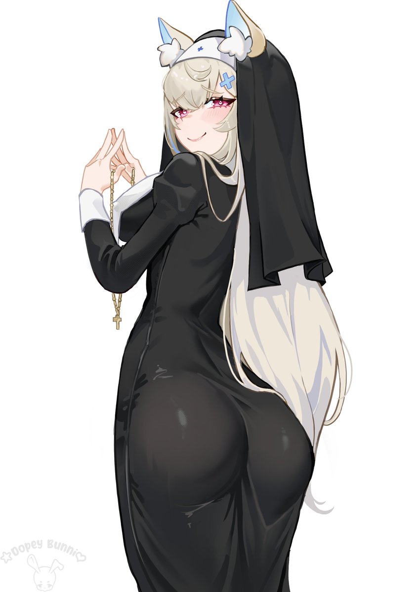 dopeybunni, fuwawa abyssgard, hololive, hololive english, mirage (takanashi kiara), highres, animal ear fluff, animal ears, ass, black veil, blonde hair, blue hair, breasts, cross, cross necklace, dog ears, dog girl, dress, hair ornament, jewelry, large breasts, latin cross, long hair, multicolored hair, necklace, nun, pink eyes, smile, streaked hair, veil, virtual youtuber