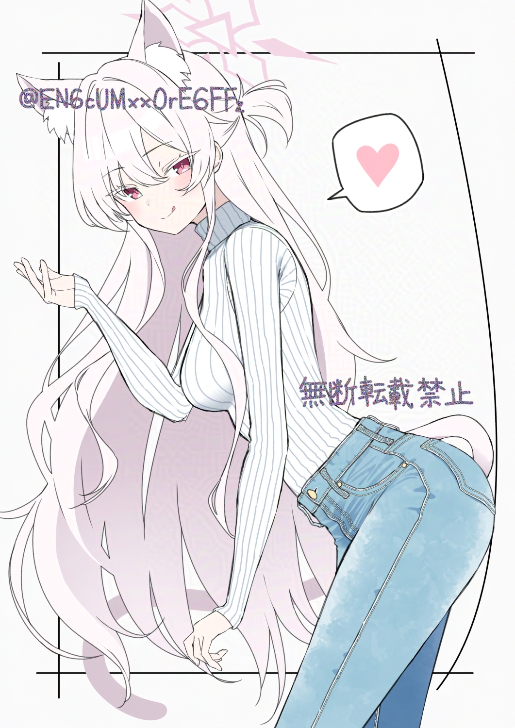 yamano rokamizu, akira (blue archive), blue archive, adversarial noise, commentary, highres, 1girl, :q, alternate costume, animal ear fluff, animal ears, blue pants, blush, border, breasts, casual, cat ears, cat tail, colored eyelashes, contrapposto, copyright notice, cowboy shot, denim, from side, hair between eyes, half updo, halo, hand up, heart, jeans, long hair, long sleeves, looking at viewer, medium breasts, outside border, pants, pink eyes, ribbed sweater, simple background, smile, solo, speech bubble, spoken heart, sweater, sweater tucked in, tail, tongue, tongue out, turtleneck, turtleneck sweater, twitter username, very long hair, white background, white border, white eyelashes, white hair, white sweater, white tail