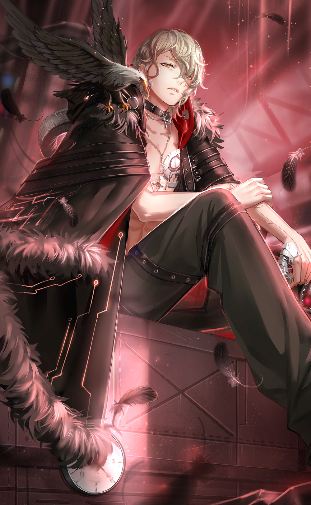 nikki (series), shining nikki, artist request, game cg, highres, official art, 1boy, abs, animal, animal on shoulder, bare pectorals, belt, belt collar, bird, bird on shoulder, black belt, black coat, black pants, blonde hair, caprico (shining nikki), coat, coat on shoulders, collar, cross ke, cyborg, dog tags, eagle, expressionless, eyelashes, eyes visible through hair, falling feathers, feathers, feet out of frame, fur-trimmed coat, fur trim, hair over one eye, hood, hood down, hooded coat, indoors, industrial pipe, laboratory, leg belt, light particles, lips, looking at viewer, male focus, multiple belts, on table, pants, parted lips, pectorals, short hair, sitting, solo, table, teeth, yellow eyes