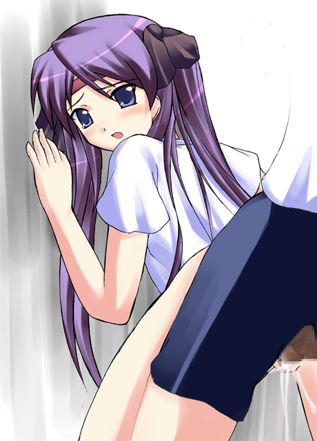 kuronezumi, wancho, hiiragi kagami, kadokawa shoten, lucky star, light purple hair, 00s, 1boy, 1girl, against wall, bike shorts, blue eyes, blush, censored, clothed sex, cum, cum in pussy, from behind, gym uniform, hair ribbon, hetero, loli, long hair, mosaic censoring, penis, ribbon, sex, vaginal, very long hair
