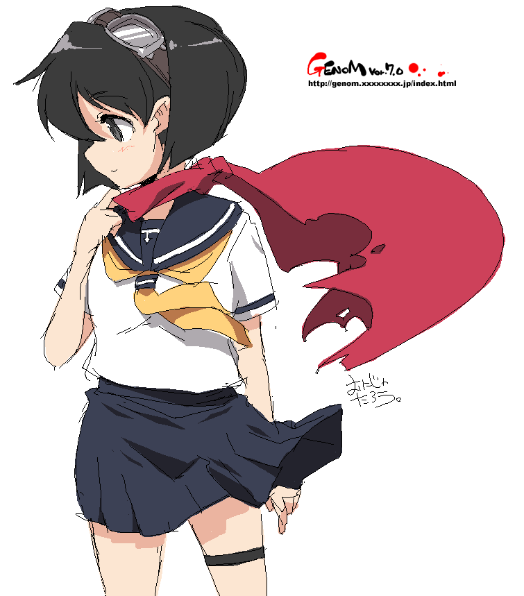 onija tarou, black eyes, black hair, goggles, oekaki, scarf, school uniform, serafuku, short hair, solo