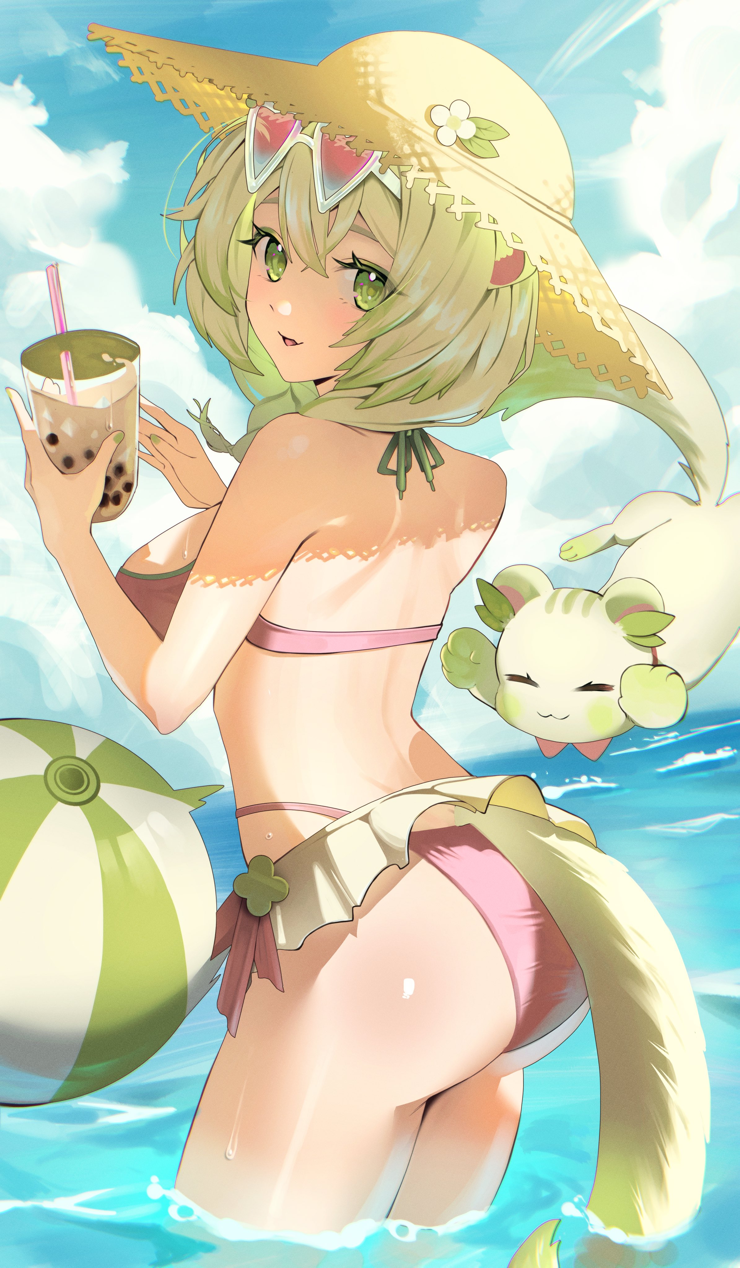 laimu (vtuber), vinesauce, absurdres, highres, 1girl, animal ears, ass, ass focus, back, ball, bare shoulders, beach, beachball, bikini, braid, breasts, bubble tea, eyewear on head, ferret, ferret ears, ferret girl, ferret tail, gradient fur, gradient hair, gradient tail, green eyes, green fur, green hair, green nails, green tail, hair between eyes, hat, laimu (vtuber) (summer), large breasts, leaf, looking at viewer, looking back, multicolored fur, multicolored hair, multicolored tail, ocean, summer, sun, sun hat, sunglasses, swimsuit, tail, twin braids, two-tone fur, two-tone hair, two-tone tail, virtual youtuber, wet, white fur, white hair, white tail, zen1zen3