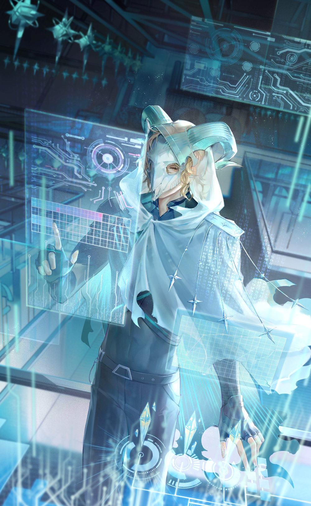 nikki (series), shining nikki, artist request, game cg, highres, official art, 1boy, abs, belt, belt buckle, black belt, black gloves, black pants, black shirt, blonde hair, blue horns, buckle, caprico (shining nikki), cloak, collared shirt, covered abs, covered navel, denim, dutch angle, fake horns, feet out of frame, fingerless gloves, floating clothes, glass table, gloves, goat horns, goat mask, high collar, holographic monitor, hood, hood up, hooded cloak, horns, horns through hood, indoors, jeans, laboratory, light particles, male focus, monitor, pants, pocket, science fiction, see-through hood, shirt, short hair, solo, studded belt, table, tight clothes, tight shirt, toned, toned male, typing, white cloak, white mask, yellow eyes