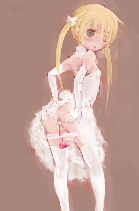 najimi shin, sanzen'in nagi, hayate no gotoku!, 00s, 1girl, dress, elbow gloves, female focus, flat chest, gloves, loli, long hair, one eye closed, panties, panty pull, pussy, sex toy, solo, thighhighs, twintails, underwear, vibrator, vibrator in thighhighs, white panties, wink