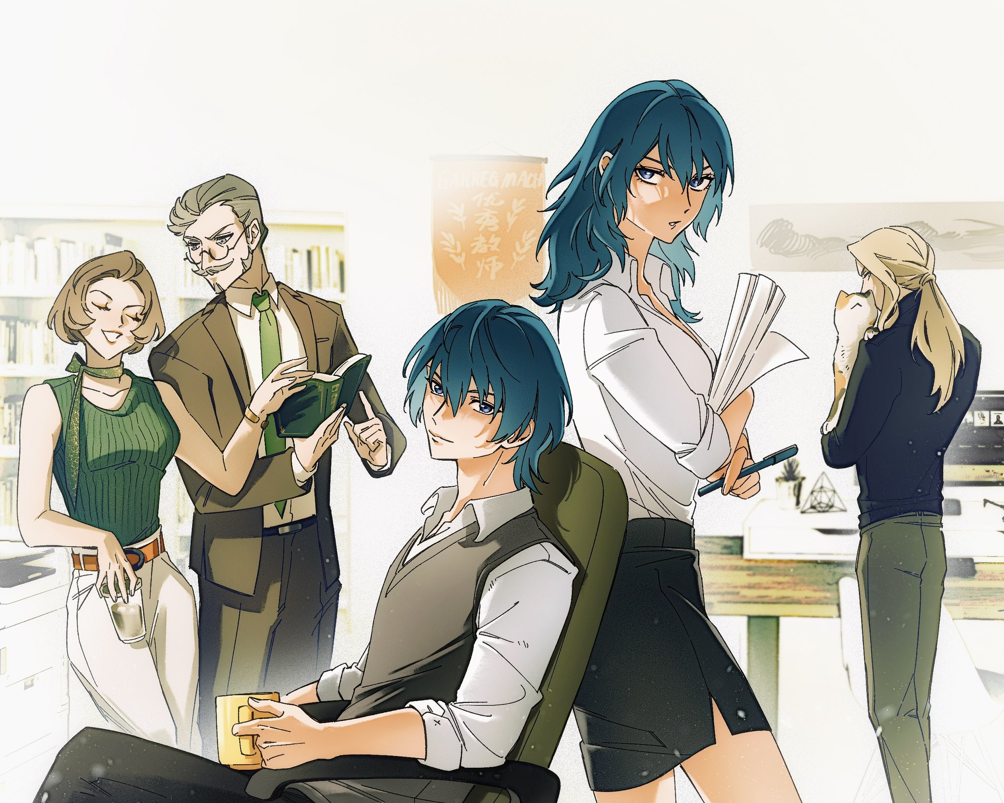 rentonotnerd, female byleth (fire emblem), hanneman von essar, jeritza von hrym, male byleth (fire emblem), manuela casagranda, fire emblem, fire emblem: three houses, nintendo, commentary request, highres, 2girls, 3boys, alternate hairstyle, animal, black pants, black skirt, black sweater, black vest, blonde hair, blue eyes, blue hair, brown hair, brown suit, carrying, cat, chair, closed mouth, collared shirt, contemporary, cup, facial hair, formal clothes, glasses, green necktie, green pants, grey hair, holding, holding cup, long hair, looking at viewer, mug, multiple boys, multiple girls, mustache, necktie, pants, ponytail, round eyewear, shirt, short hair, sitting, skirt, sleeves rolled up, smile, suit, sweater, teacher, turtleneck, turtleneck sweater, vest, white pants, white shirt