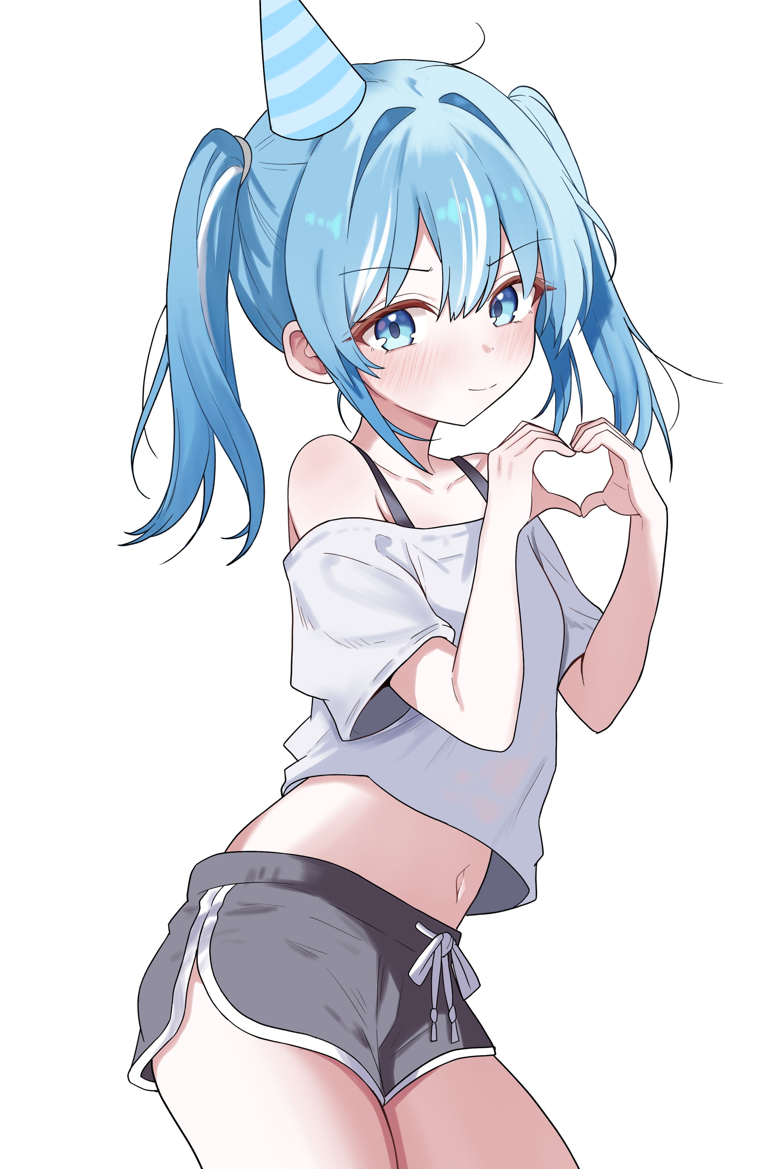 saho 4545, arahashi tabi, stellive, absurdres, commentary request, highres, korean commentary, 1girl, bare shoulders, black shorts, blue eyes, blue hair, bra strap, cowboy shot, crop top, crop top overhang, dolphin shorts, drawstring, hands up, hat, heart, heart hands, long hair, looking at viewer, midriff, navel, off-shoulder shirt, off shoulder, party hat, shirt, short shorts, short sleeves, shorts, simple background, solo, twintails, v-shaped eyebrows, virtual youtuber, white background, white shirt