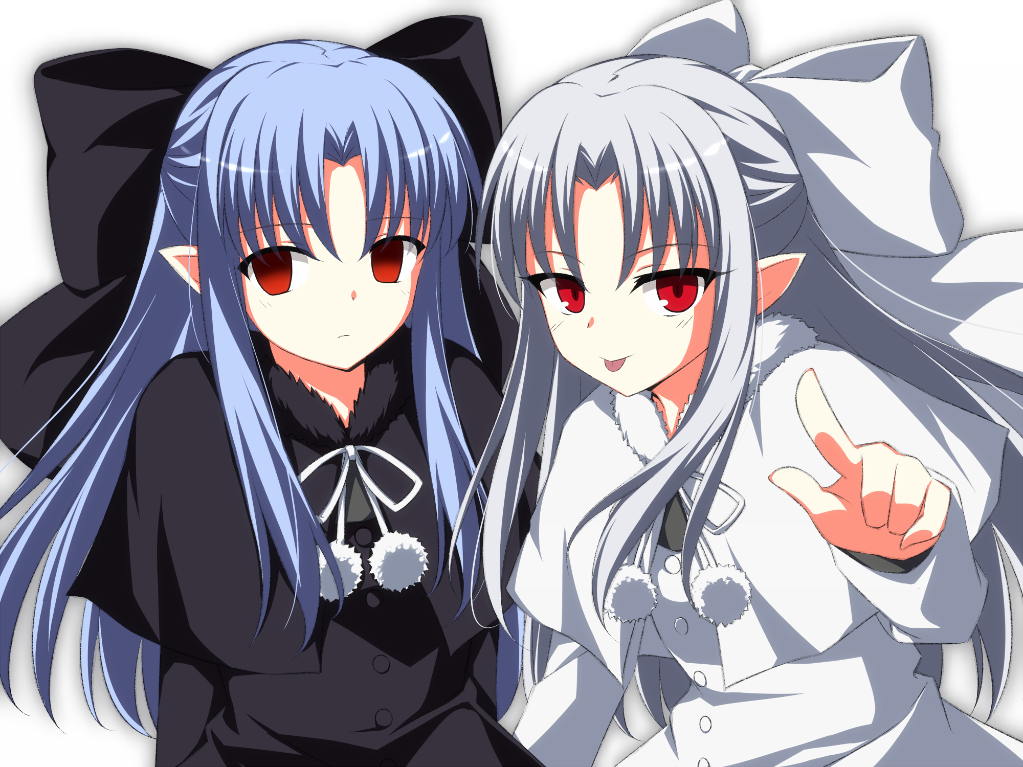 asagi nanami, len (tsukihime), white len (tsukihime), kagetsu tooya, melty blood, tsukihime, highres, 2girls, blue hair, bow, cape, hair bow, hand up, long hair, multiple girls, pointy ears, pom pom (clothes), red eyes, smile, tongue, tongue out, white hair