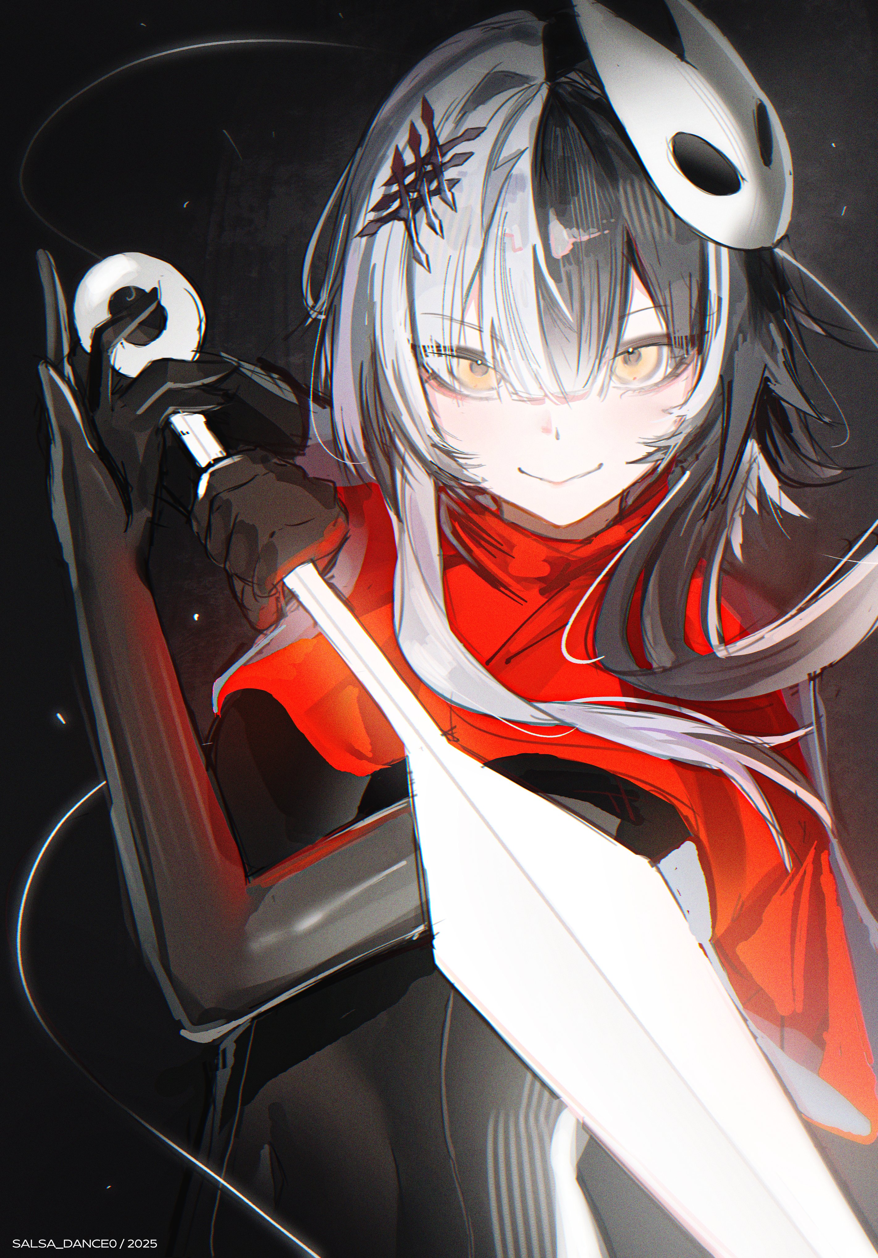 salsa dance, hornet (hollow knight), shiori novella, hollow knight, hollow knight: silksong, hololive, hololive english, absurdres, highres, 1girl, black bodysuit, black hair, bodysuit, cloak, closed mouth, cosplay, grey hair, hornet (hollow knight) (cosplay), looking at viewer, multicolored hair, needle (hollow knight), red cloak, smile, solo, split-color hair, two-tone hair, virtual youtuber, yellow eyes