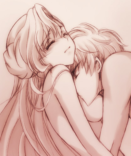 akina tsukako, euphemia li britannia, kururugi suzaku, code geass, lowres, 00s, 1boy, 1girl, breasts, couple, donut hair bun, hair bun, hetero, kiss, monochrome, nude, pink theme, sepia