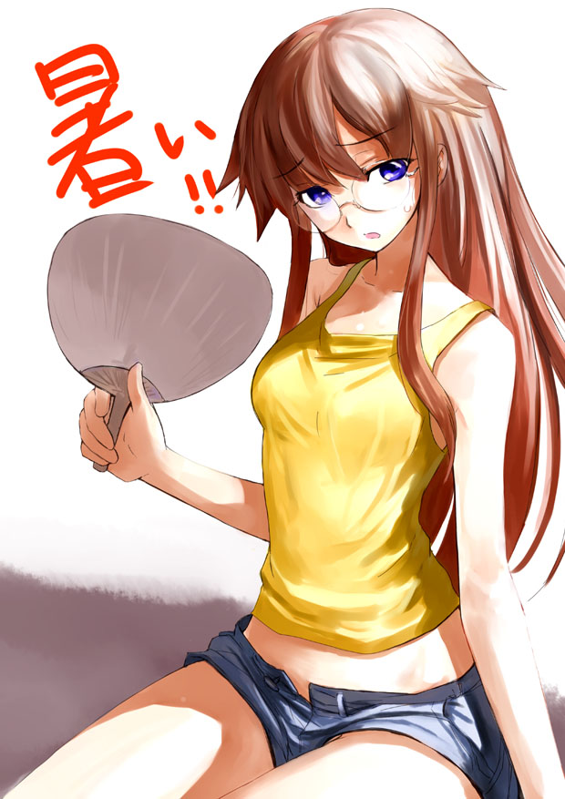 adachi yousuke, original, 1girl, cutoffs, denim, denim shorts, female focus, glasses, hand fan, midriff, paper fan, shorts, solo, tank top, uchiwa, unbuttoned
