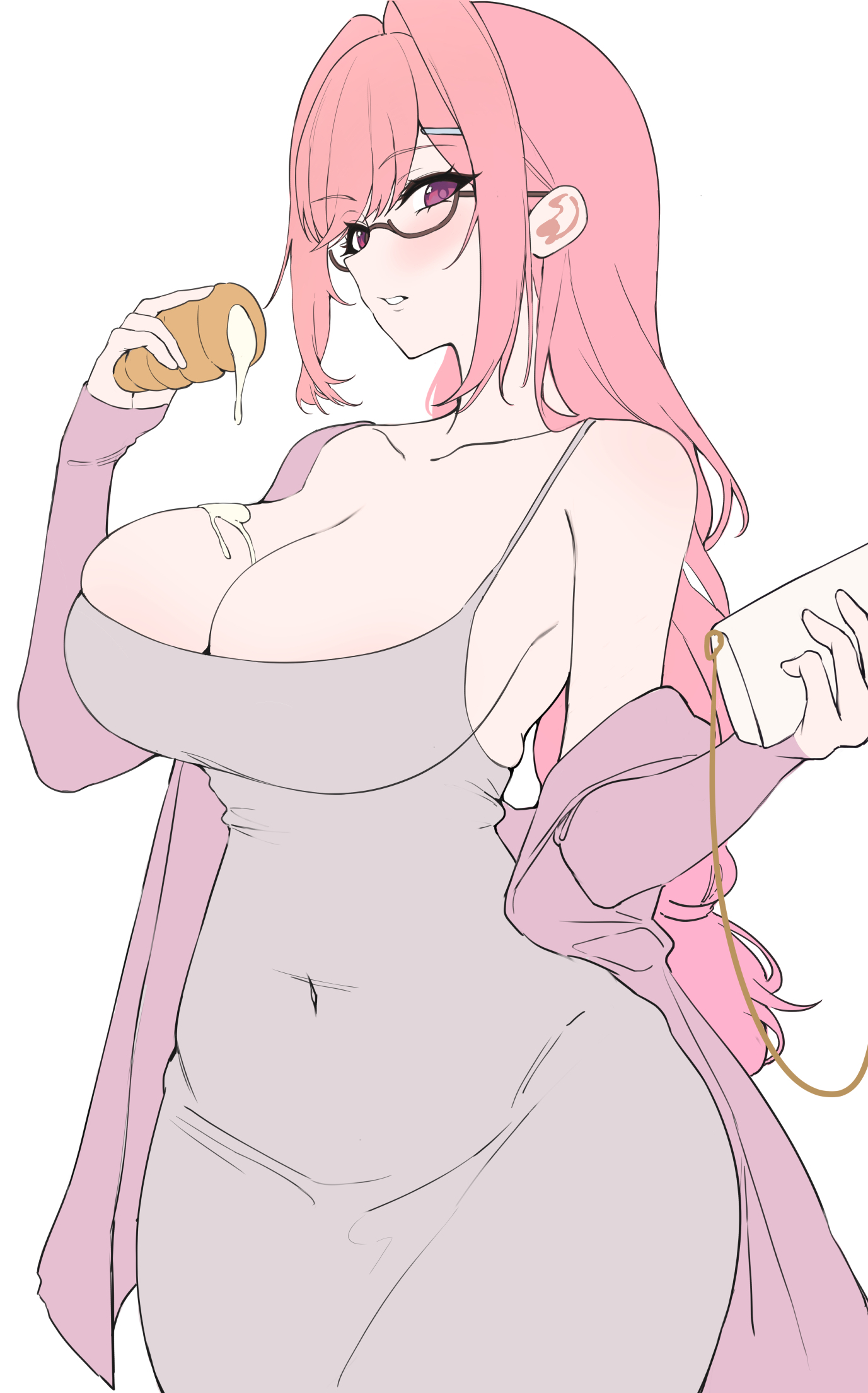 2gong (9ujin ), tsukishiro yanagi, zenless zone zero, highres, 1girl, alternate costume, bag, bare shoulders, breasts, cleavage, collarbone, covered navel, cowboy shot, dongtan dress, dress, dripping, food, glasses, grey dress, hair ornament, hairclip, hand up, handbag, holding, holding food, jacket, large breasts, long hair, long sleeves, off shoulder, open clothes, open jacket, parted lips, pink hair, pink jacket, purple eyes, semi-rimless eyewear, sidelocks, simple background, skindentation, sleeveless, sleeveless dress, solo, spaghetti strap, under-rim eyewear, white background