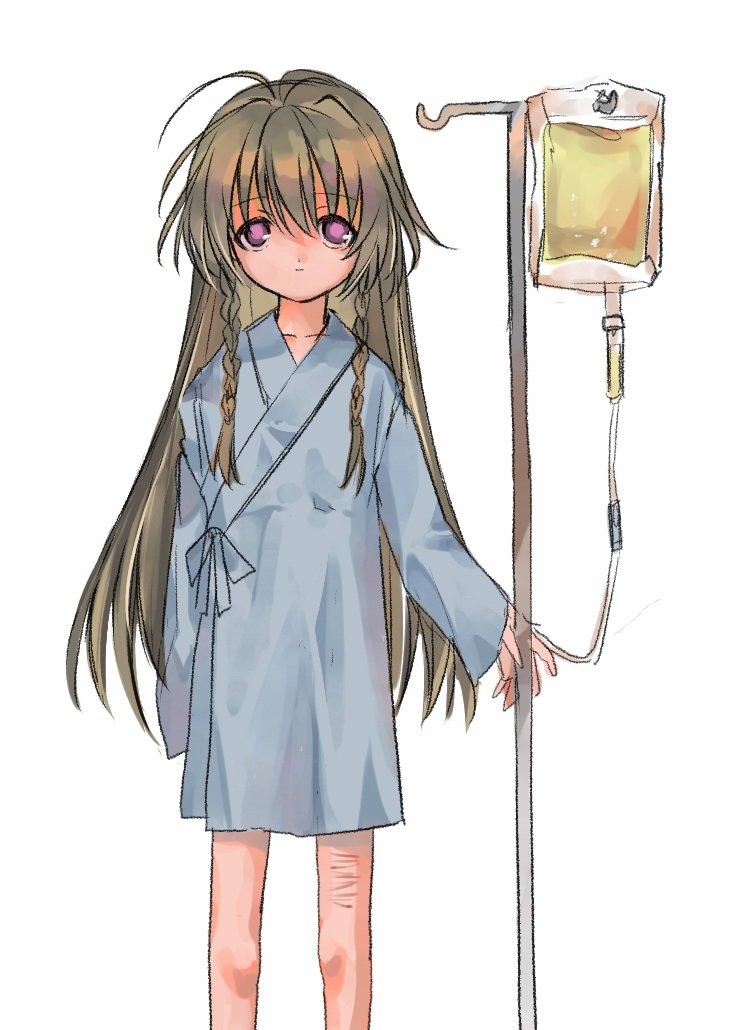 joral (jar of desire), sugamo mutsuki, sayonara wo oshiete, commentary request, 1girl, braid, closed mouth, collarbone, feet out of frame, green hair, hospital gown, intravenous drip, iv stand, long hair, pink eyes, self-harm scar, sleeves past wrists, solo, tareme, twin braids, very long hair