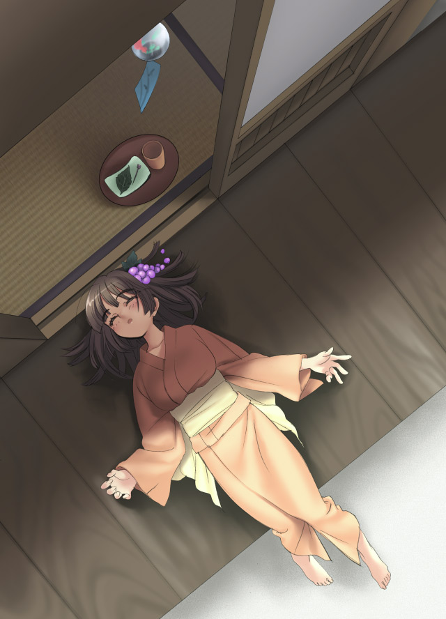 piyodera mucha, original, 1girl, barefoot, brown hair, closed eyes, feet, female focus, from above, japanese clothes, kimono, lying, on back, porch, sleeping, solo, veranda, wind chime