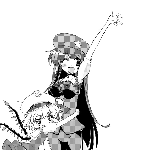 kiku hitomoji, tora tooru, toru tooru, flandre scarlet, hong meiling, embodiment of scarlet devil, touhou, 2girls, braid, collared shirt, female focus, greyscale, hand on another's head, hat, long hair, mob cap, monochrome, multiple girls, one eye closed, open mouth, puffy short sleeves, puffy sleeves, shirt, short hair, short sleeves, side braid, simple background, star (symbol), twin braids, very long hair, white background, wings